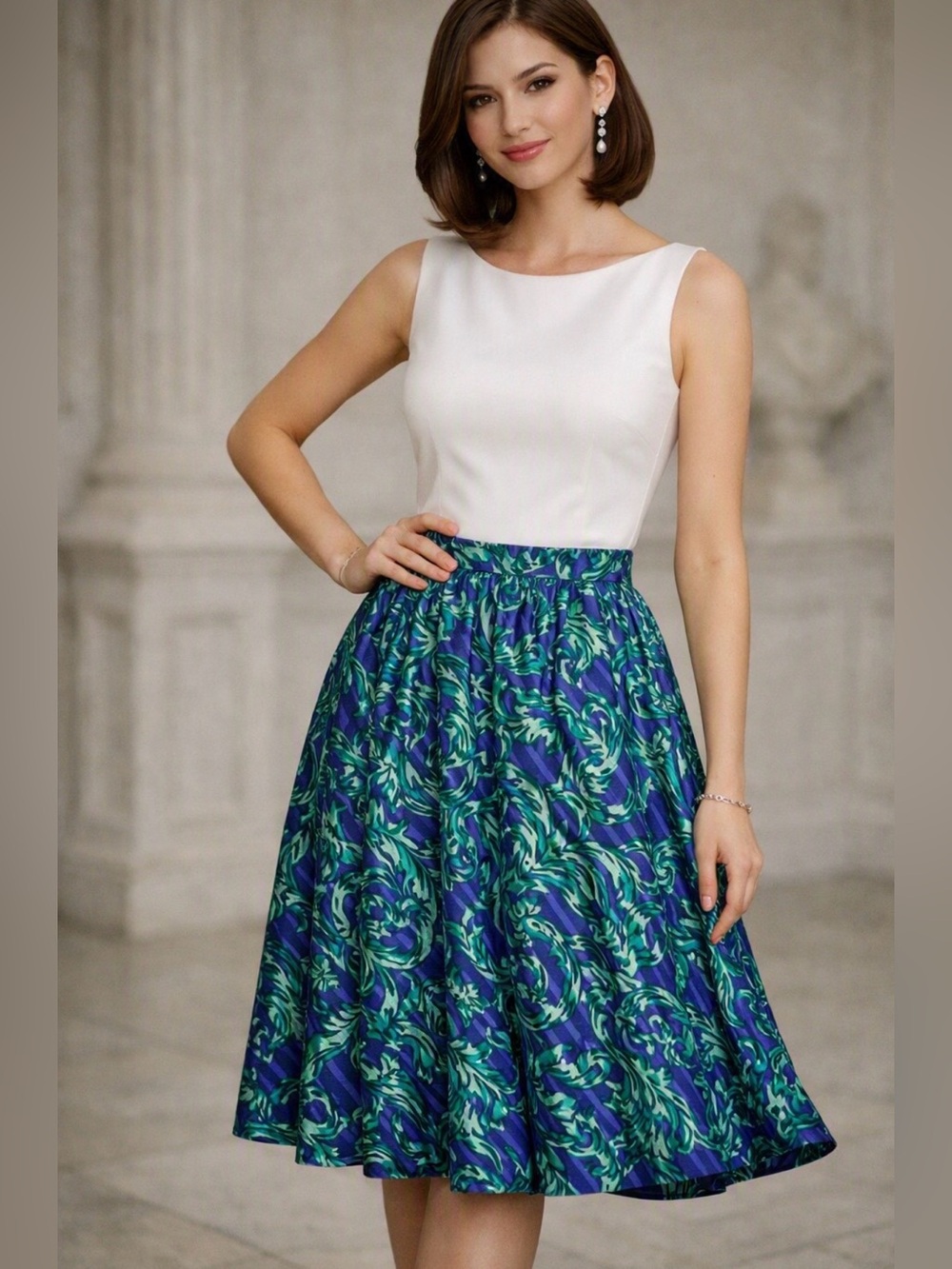 Vintage 80s Baroque Leaf Print Midi Skirt